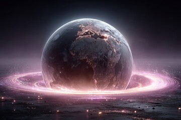Digital illustration of Earth surrounded by a glowing pink ring and space glow for sci-fi stock use