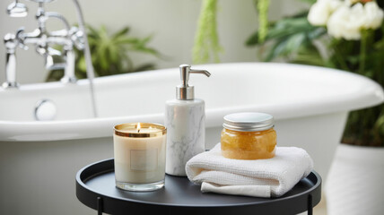 Bath products on a black tray with a lit candle and tub in background