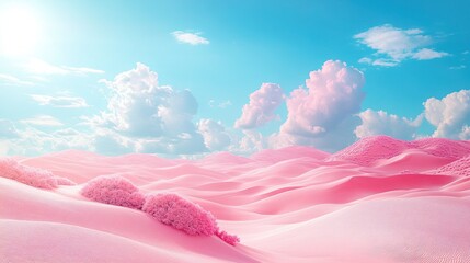 Vibrant pink desert landscape, with vast sand dunes under a bright blue sky, showcasing nature's beauty