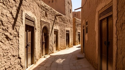 Obraz premium Ancient stone doorway carved into sandstone cliffs in Al-Ula, Saudi Arabia. Realistic weathering, eroded textures, and timeless rock-cut craftsmanship reflect the region’s rich heritage.