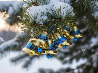 Blue and gold bells on snowy pine