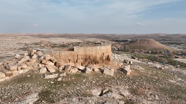 Aerial drone view of ancient Sogmatar archaeological site in Sanliurfa, Turkey