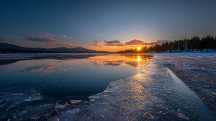 Golden hour winter landscape with frozen lake reflecting sunrise, peaceful cold nature scenery, calm morning light and icy surface