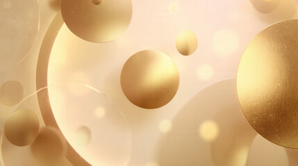 Golden abstract background with shiny metallic spheres and bokeh lights