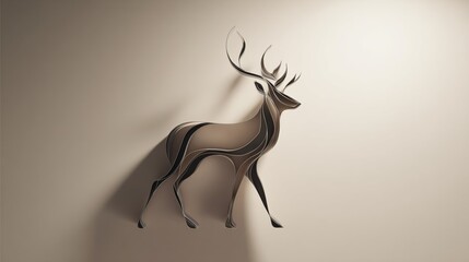 Abstract minimal reindeer silhouette in brushed metal, neutral wall