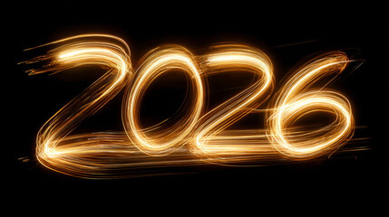 Golden Light Trails Forming "Happy New Year 2026" on Black Velvet Background, Festive Celebration, Sparkling Holiday Lights, Luxury Seasonal Greeting, Elegant New Year Concept