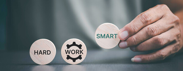 Work hard or smart concept. Blending both hard work with smart work and becoming efficiently effective. Increasing productivity performance.Work smart not hard concept. Success in career, job or life.
