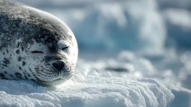 Ultra HD Closeup of a happy spotted seal resting peacefully on an ice floe with a soft blue and white arctic background video