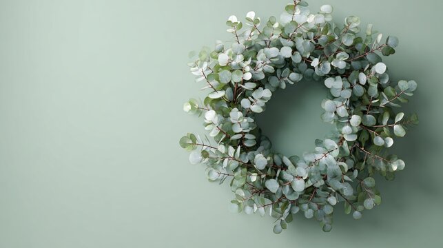 Frosted glass circle wreath hung on pastel green wall, no extras