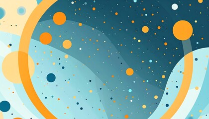 Abstract background with blue layers, orange circles and floating dots in various shades of blue, orange, and white