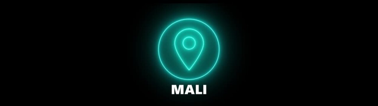 Neon Location Pin Icon with Mali Text on Black Background marker
