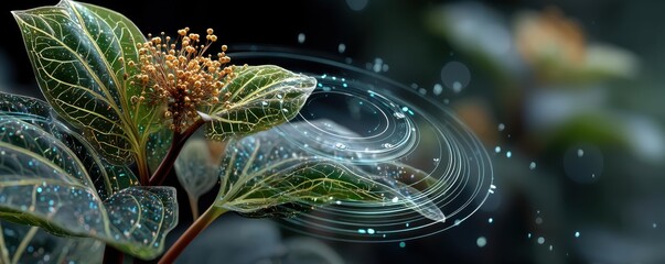 Holographic interface over an organic plant shows futuristic growth and digital biology concept.