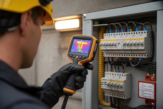Electrician using thermal camera detecting electrical circuit issues