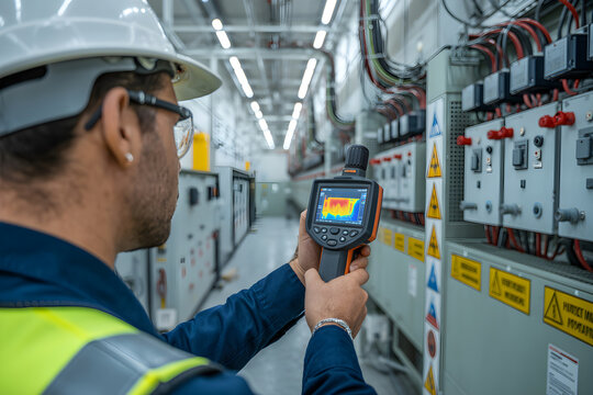 Technician inspecting electrical panel using thermal camera for maintenance
