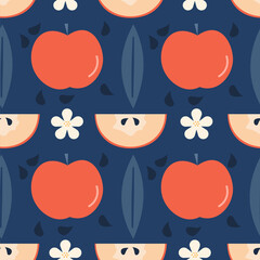 cute hand drawn colorful symmetrical seamless vector pattern illustration with red apples, leaves, seeds and white flowers on blue background