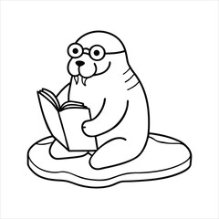 Funny Walrus Reading Book Cartoon Vector