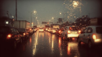 Obraz premium A rainy street scene featuring cars in a traffic jam, captured in soft focus, with water droplets on the lens, and streetlights