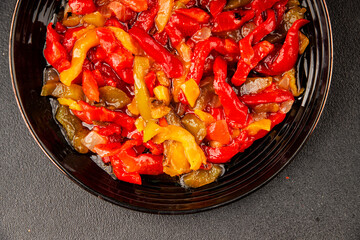 Roasted pepper salad vegetables dish natural product tasty snack fresh delicious gourmet food background on the table rustic top view copy space keto and paleo diet vegan and vegan food