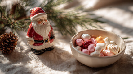 Santa Figurine Beside Bowl of Candies and Pine Branch, Soft Natural Light, Cozy Holiday Christmas Decoration, Festive Seasonal Concept
