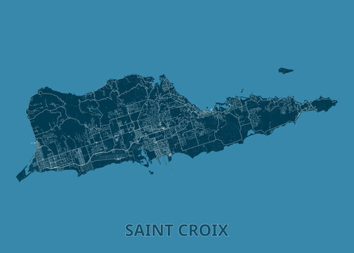 Map of Saint Croix island. The map is rendered in shades of blue, with the island itself in a darker blue and the surrounding water in a lighter blue.