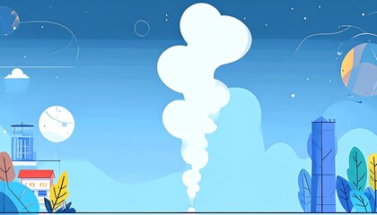 Abstract sky with a plume above a city skyline, whimsical and cartoonish, featuring buildings and stylized vegetation