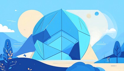 Abstract geometric structure in light blue landscape with sun, hills, and vegetation, creating a serene scene
