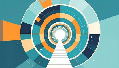 Abstract geometric tunnel with concentric circles, teal, orange, beige, leading to a bright white light at the end