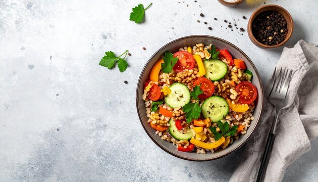 Gesunder Gerstensalat mit buntem Gem&uuml;se und Waln&uuml;ssen