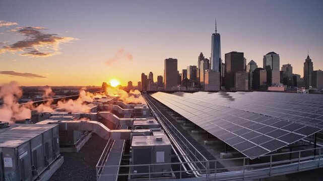 Rooftop view of city skyline at sunset, showcasing solar panels and steam, camera pans across scene highlighting urban landscape and vibrant colors