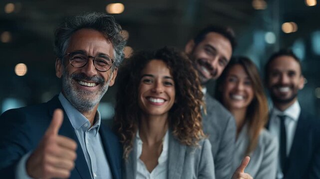 Smiling diverse business team standing in line and showing thumbs up in modern office