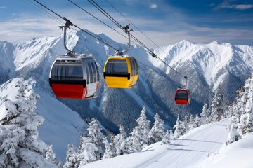 Gondolas moving across snowy mountain ski resort landscape