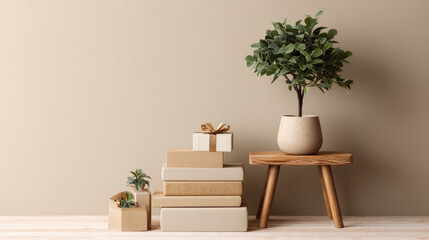 Small Matte Christmas Tree on Wooden Stool Beside Neutral Gift Boxes, Beige Wall Background, Minimal Holiday Decoration, Cozy Seasonal Interior, Festive Still Life
