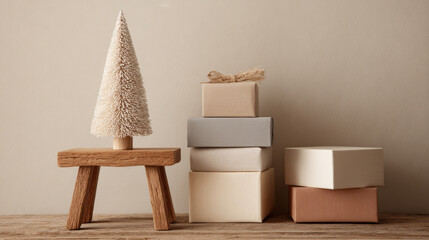 Small Matte Christmas Tree on Wooden Stool Beside Neutral Gift Boxes, Beige Wall Background, Minimal Holiday Decoration, Cozy Seasonal Interior, Festive Still Life