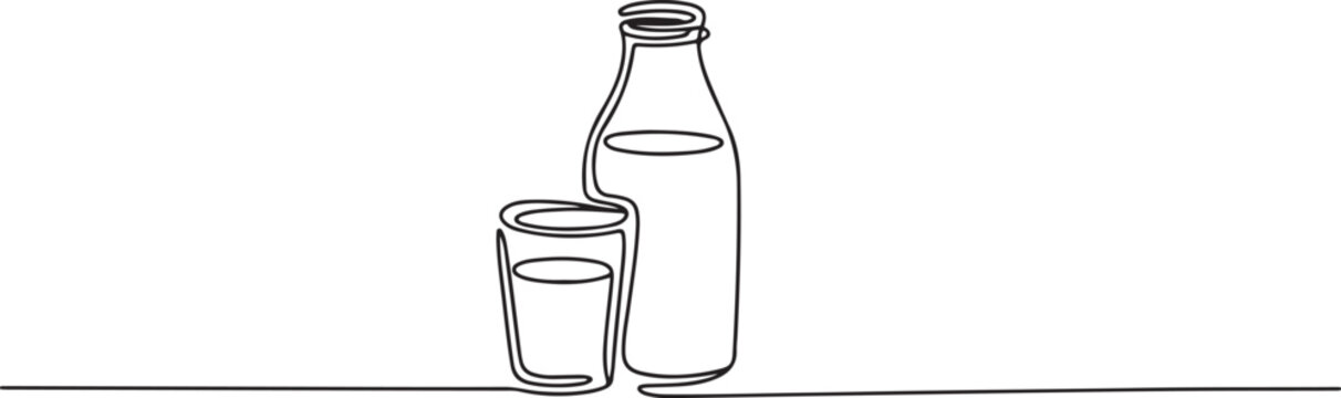 One continuous line drawing of bottle and glass with milk containt. one line Art icon drawing