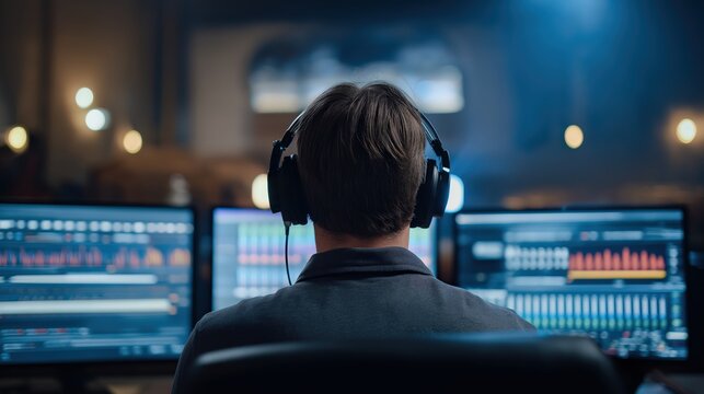 Person wearing studio headphones monitoring colorful audio level meters on multiple screens in a dimly lit church control room.