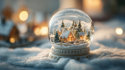 Snow Globe with Miniature Winter Village and Lights, Macro Shot, Magical Holiday Scene, Cozy Christmas Decoration, Festive Winter Atmosphere, Seasonal Wonderland