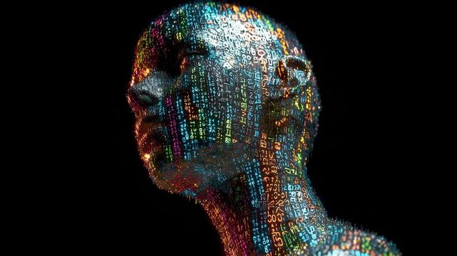 Abstract digital human face made of glowing data and code on dark background
