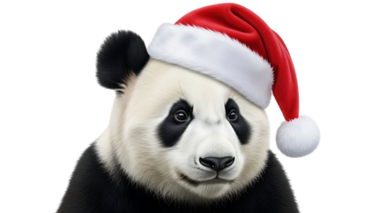Panda bear, wearing a red Santa hat, cutout, PNG isolated on transparent background