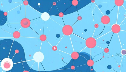 Abstract network illustration with red circles, white lines, and blue background with wavy shapes