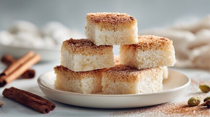 Buttery cardamom cinnamon squares, frosty palette, light backdrop, elegant empty area