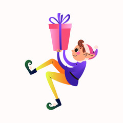 Christmas elf with big present. Santa Claus helper. Festive elf isolated on white background. Vector illustration.