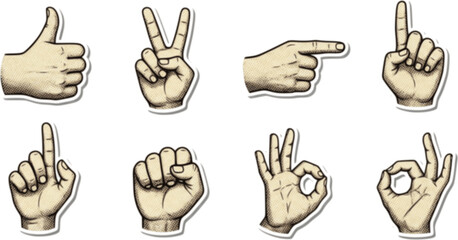 Cut out hand emoji gestures set. Various halftone hands signs vintage dotted stickers. Modern retro vector illustration for mixed media design, collage and scrapbook isolated on transparent background