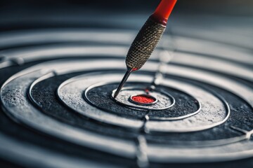 Dart striking the bullseye in a closeup view during a competitive game in a local bar with low lighting, emphasizing precision and skill in dart throwing