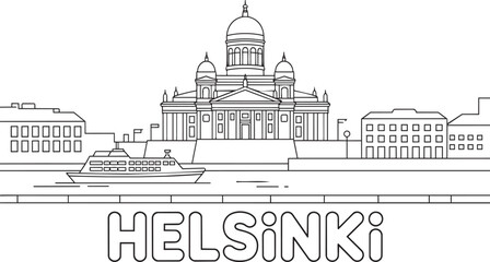 Fototapeta premium Helsinki skyline outline cityscape with famous cathedral and waterfront building landmark illustration