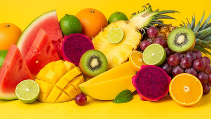 Fresh tropical fruits arranged on a bright background, juicy colors, summer freshness concept