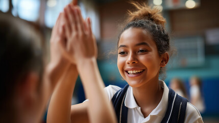 Faceless happy black schoolgirl and sports teacher giving high five heavily defocused PE class background anonymous student and instructor celebrating athletic achievement