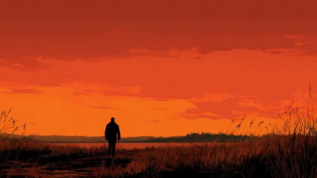 Lonely man silhouette standing in field against dramatic orange sunset sky