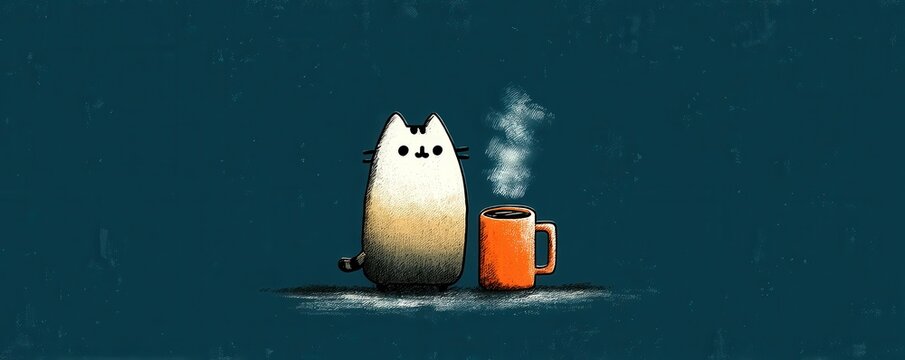 Cute cat-shaped coffee mug illustration with steam on a dark teal background