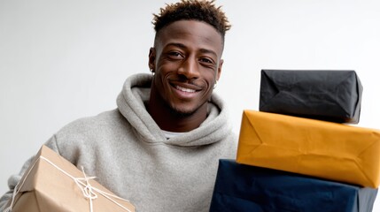 A joyful man holding a stack of beautifully wrapped presents, representing the spirit of giving, celebration, and the excitement of special occasions and gift-giving traditions.