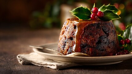 Christmas plum pudding, glossy topping, rustic neutral backdrop, warm side lighting, available copy space